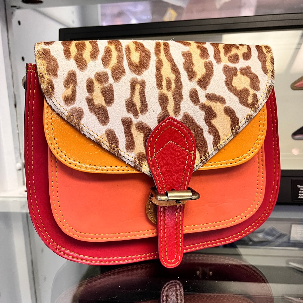 Vibrant Red and Orange Crossbody Bag with Leopard Print Flap new without tags